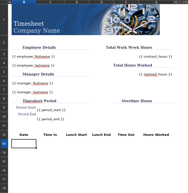 Screenshot of a template for the timesheet example